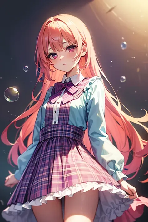 (1 girl, tamanho), (guitar standing alone), bubble overskirt, aqua chemise, 弓, 弓tie, buttons, collared chemise, unexpressive, eyebrows hidden by hair, cowboy shot, long hair, hair blonde, long sleeves, multicolored buttons, pink eyes, pink  hair, orange ov...