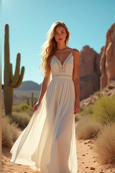 A teenager with a white linen dress showy waist blonde hair desert background cacti