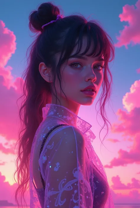 1 Girl, Colorful themes, synthwave sky,(best quality, high quality, high resolution), Practical, Extremely detailed, Very detailed facial features, absurd,  Practical lighting and reflections, Very detailed facial features, See-through shirt, Best photos,h...