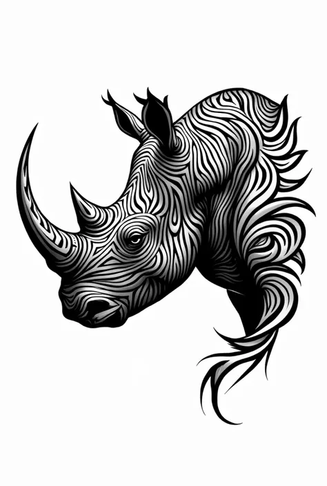 Side view head of a rhino in tribal style with white background, in black and white