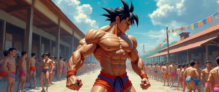 (detailed illustration,Underwear,dragonball z,working outside, academy,bodybuilding academynasium,whole body),(oil painting,outline),(muscular,Athletic,adjusting,intense training),(perspiring,Exhausted,Exercise),(Energetic, dynamic),(colorfully,Vibrant,sha...