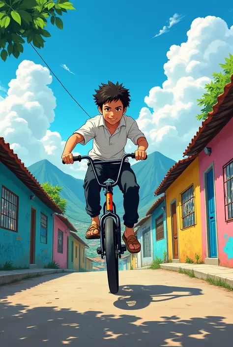 creation of an anime model image of a boy doing this bike maneuver by lifting the front wheel wearing a white shirt, black sweatpants and sandals going down a hill in a favela in Brazil