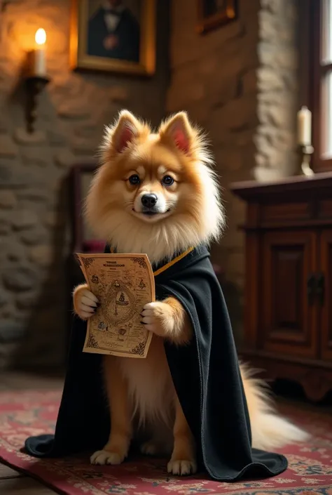 Beige German Spitz dog at Hogwarts wearing black cloak and Hufflepuff house uniform holding Marauder&#39;s map