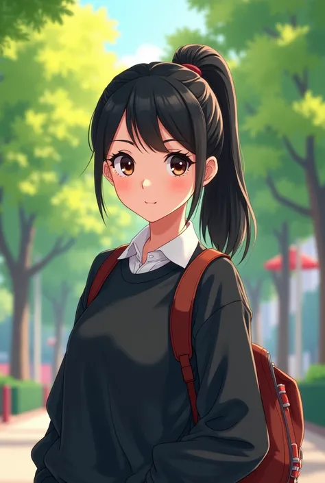 Animated image of a white woman With straight black hair wearing a ponytail With small eyes Carrying a backpack and a white shirt with a collar Wearing a black sweatshirt 