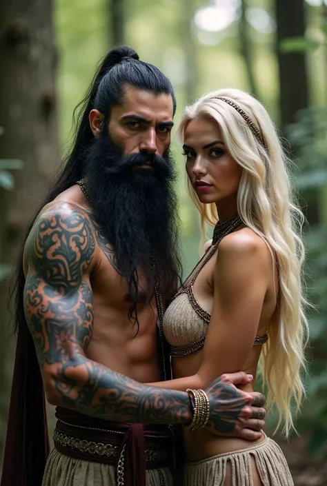 Sacred rebels, an extremely attractive couple. Dark bearded man, a shaman. Blonde extremely sexy woman, huge fake breasts. Side by side, facing the camera.