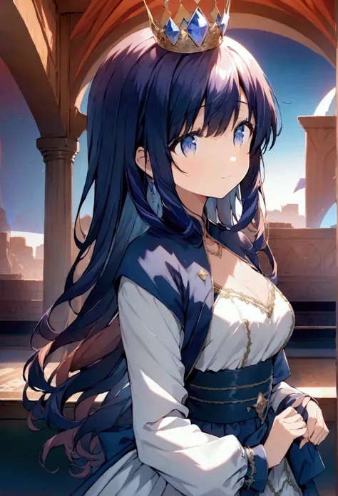 Cute anime girl with dark blue hair, fading into indigo, dark blue eyes, wearing a blue dress with sapphire jewellery (including a sapphire crown on her head), best quality, 