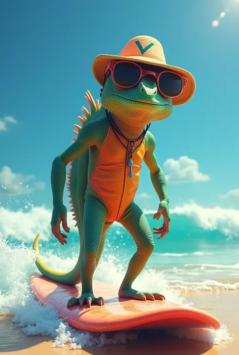 a chameleon in a surf suit, glasses, hat with a V symbol, a board on your feet in a V shape