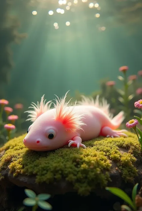 create me a drawing of a lying axolotl, fluffly