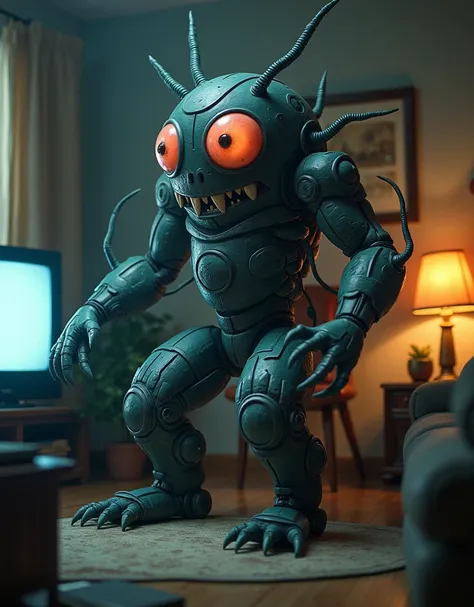 Envision an artwork where everyday objects come to life as monstrous creatures. Take the Remote control and reimagine it as a creature with unique features, characteristics, and a touch of the unexpected. The design should be detailed, with elements that h...