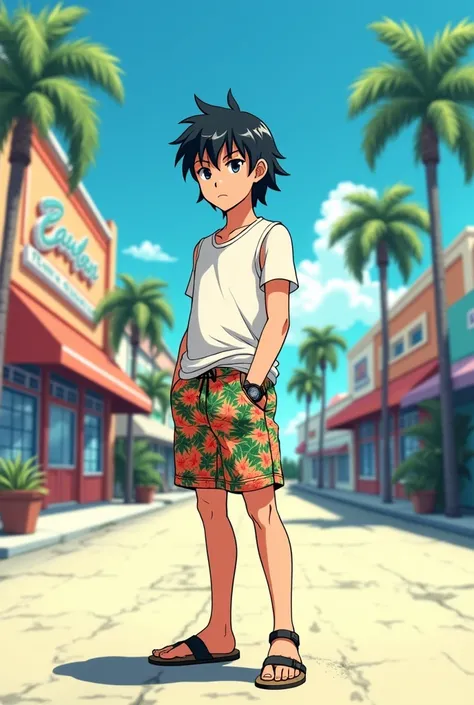 a teenager boy with long bangs, a sleeveless shirt, Hawaiian shorts, sandals and a watch on his wrist, serious face, in a empty street 90s anime style 