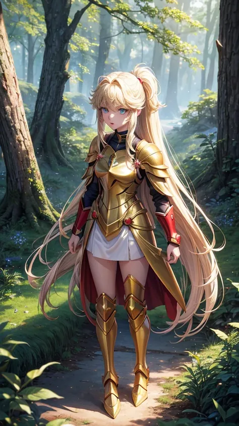 アニメ, 18 year old girl  {face perfect}, {hair blonde}, {greeneyes}, {asymmetrical eyes}, {perfect nose}, {red lips}, {full body 5.0}, {saint seiya virgin gold armor}, {facing the front, looking at camera}, {in a forest}

{8k image}, {128k ultra resolution},...