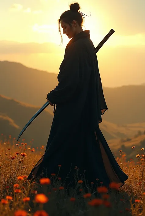 Dark character with a charismatic katana from behind has a beautiful landscape 