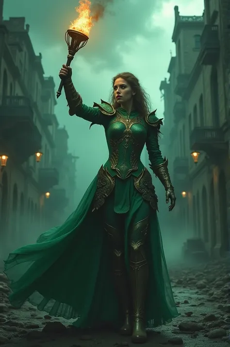 a woman in green armor lighting a dark city with a torch