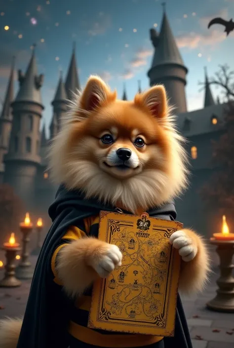 Beige German Spitz dog wearing black cape and Hufflepuff house uniform holding Marauder&#39;s map with Hogwarts Castle in the background