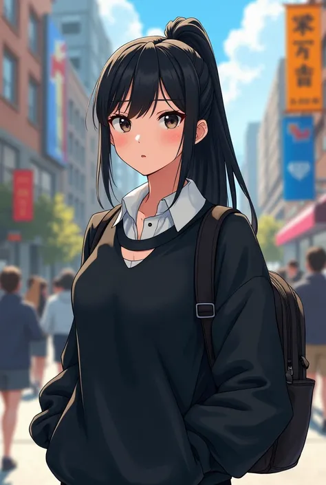 Animated image of a white woman With long, straight black hair wearing a ponytail With small, black eyes Wearing a black sports backpack and a white shirt with a collar Wearing a black sweatshirt with an opening