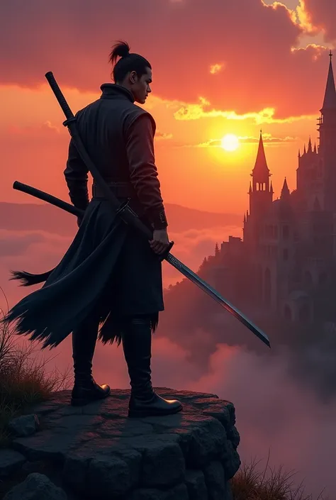 Dark charismatic man with a catana looking at an ancient city in front of a sunset