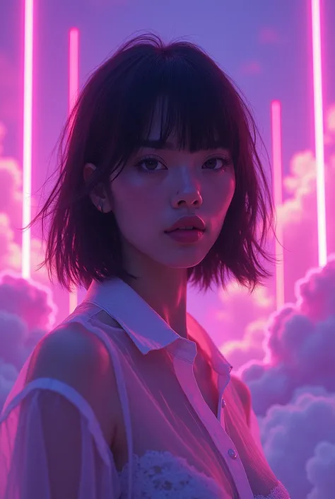 1 Girl, Colorful themes, synthwave sky,(best quality, high quality, high resolution), Practical, Extremely detailed, Very detailed facial features, absurd,  Practical lighting and reflections, Very detailed facial features, See-through shirt, Best photos,h...