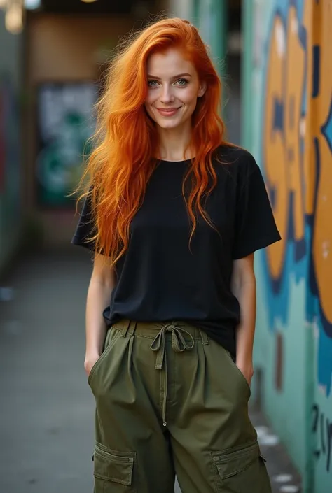 A golden orange redhead woman, with long, wavy hair; big green eyes, like a leaf; pink mouth with a slightly exaggerated smile; slightly round face. Wearing a black t-shirt and military green baggy pants, and a dirty sneaker; Bullish, small breasts and wid...