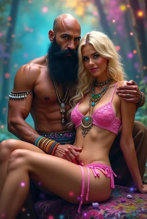 Sacred rebels, an extremely attractive couple. Dark bearded handsome bald shaman man with muscular upper body bare. Blonde fairie-like bimbo girl, dressed in flirtatious pink skimpy underwear, perky huge fake breasts, plenty of cleavage, hourglass body. Lo...