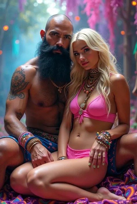 Sacred rebels, an extremely attractive couple. Dark bearded handsome bald shaman man with muscular upper body bare. Blonde fairie-like bimbo girl, dressed in flirtatious pink skimpy underwear, perky huge fake breasts, plenty of cleavage, hourglass body. Lo...