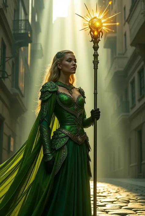 a woman with armor made of leaves illuminating a very dark city with a scepter of light