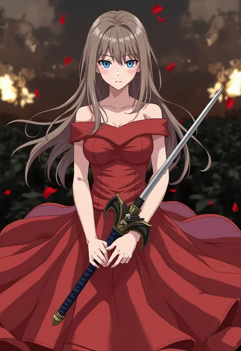 Title "Miss General", with two crossed swords, with brown hair, blue eyes, expression would be, with red petals falling