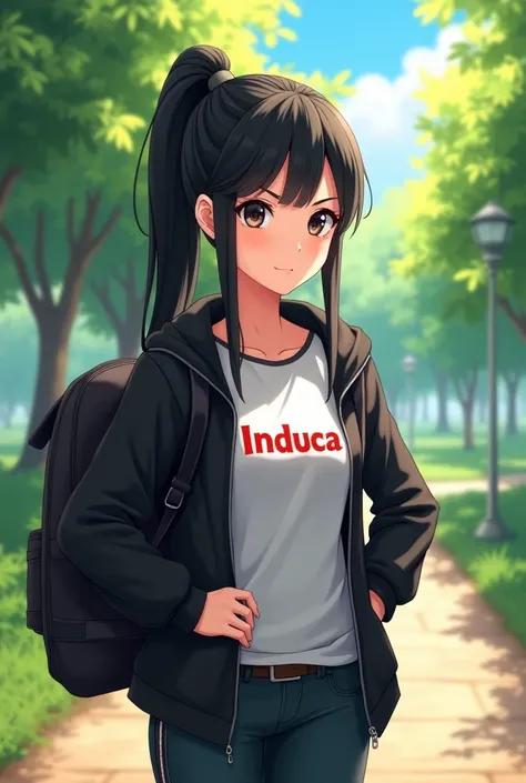 Animated image of a white woman With long, straight black hair wearing a ponytail With very small black eyes Having a black sports backpack and a white shirt that says the words Induca in red letters with a collar Having a black sweatshirt with an opening