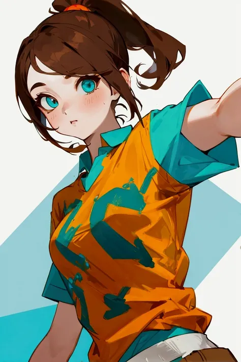 pretty girl, white skin, One eye is blue and the other is brown., Brown hair with a ponytail and a turquoise lock in the middle, and an orange short-sleeved shirt.