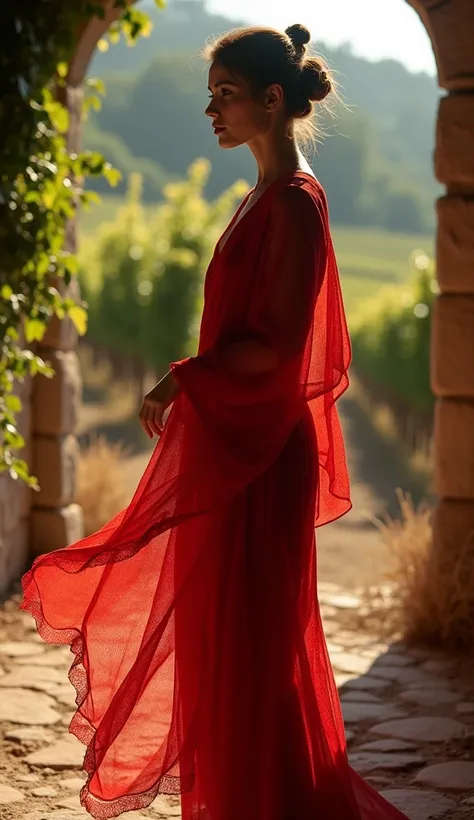 , Photorealistic mature female, (((south of France))), (((wearing mesh red kimono))), Detailed skin, detailed body, Natural Skin Texture, realistic skin, skin pores, intricate detail, raw photo, lifelike rendering, immersive atmosphere, chiaroscuro, moody ...