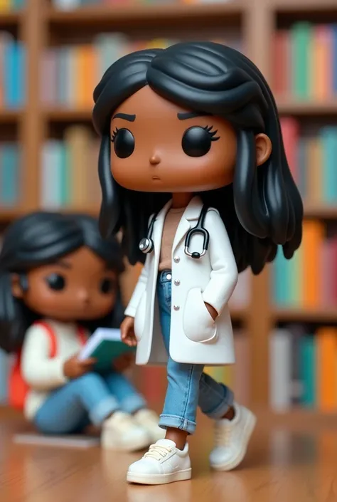 Believe me, a funkopop girl dressed as a doctor walking horizontally to the right and behind her a girl studying with light jean pants and a white sweater, cream Adidas sneakers and a cream backpack with chocolate , both with these characteristics: straigh...