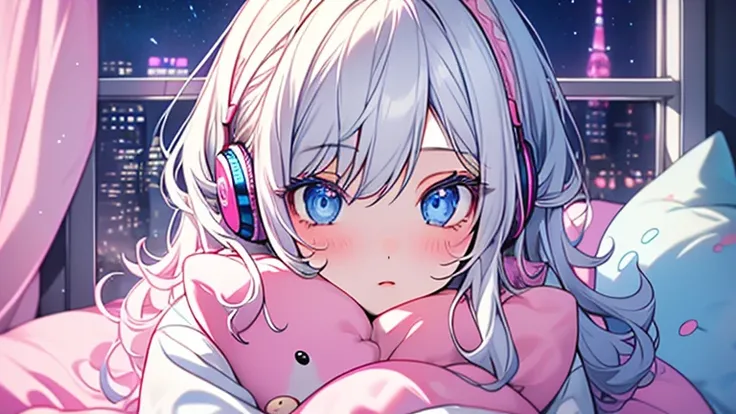 conceptual artwork. medium shot. A girl with white hair and blue eyes is sitting on her pink bed, wearing pink teddy bear pajamas, surrounded by stuffed animals, listening to music on her headphones in a pink room with a large window overlooking a cityscap...