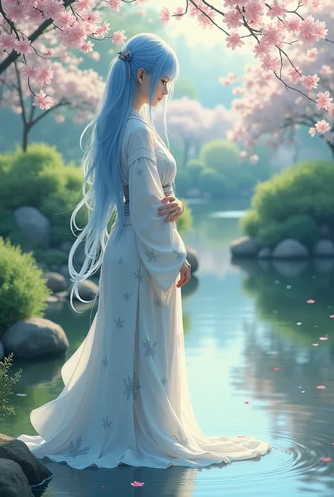 Light blue hair, long white kimono, gray eyes
