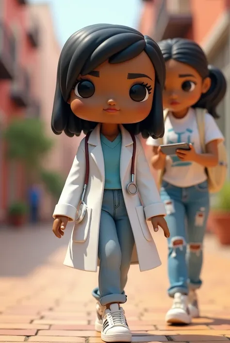 Believe me, a funkopop girl dressed as a doctor walking horizontally to the right and behind her a girl studying with light jean pants and a white short-sleeved sweater, cream Adidas sneakers and a cream backpack with chocolate , both with these characteri...