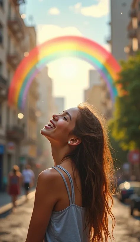 Full body representation of a happy girl with a smile on her face, looking up, hair saturated with rain, in the middle of an urban daytime rain, rainbow, the wind gently swaying her wet locks, captured in a paradisiacal paradise setting, triadic palette, u...