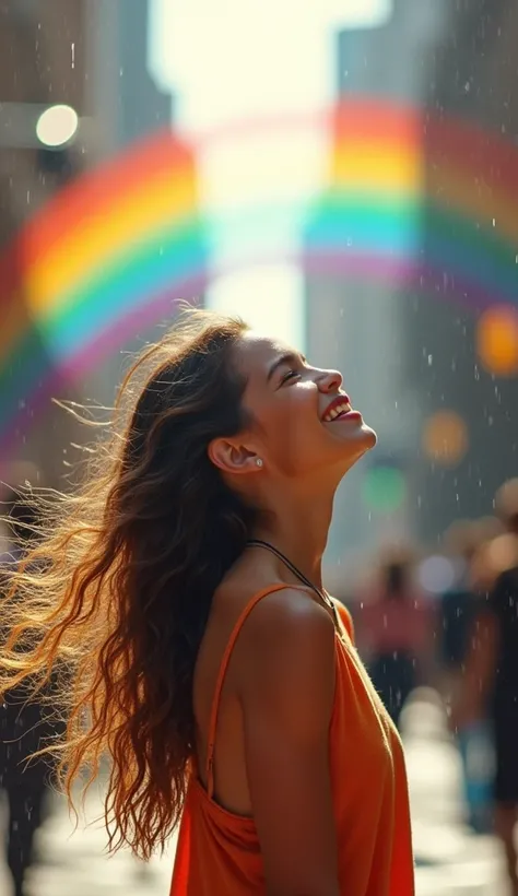 Full body representation of a happy girl with a smile on her face, looking up, hair saturated with rain, in the middle of an urban daytime rain, rainbow, the wind gently swaying her wet locks, captured in a paradisiacal paradise setting, triadic palette, u...