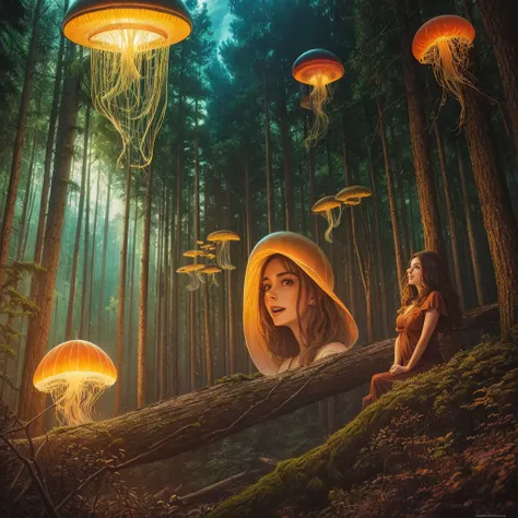 golden hour, paranormal activities, surreal portrait of a beautiful laughing young woman with face of Audrey Hepburn morphed with Anne Hathaway with delightful smile and gigantic breast, colorful forrest with weird trees, log cabin with chimney and smoke i...