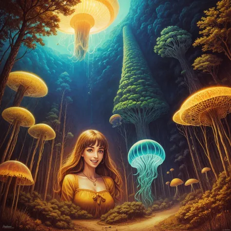 golden hour, paranormal activities, surreal portrait of a beautiful laughing young woman with face of Audrey Hepburn morphed with Anne Hathaway with delightful smile and gigantic breast, colorful forrest with weird trees, log cabin with chimney and smoke i...