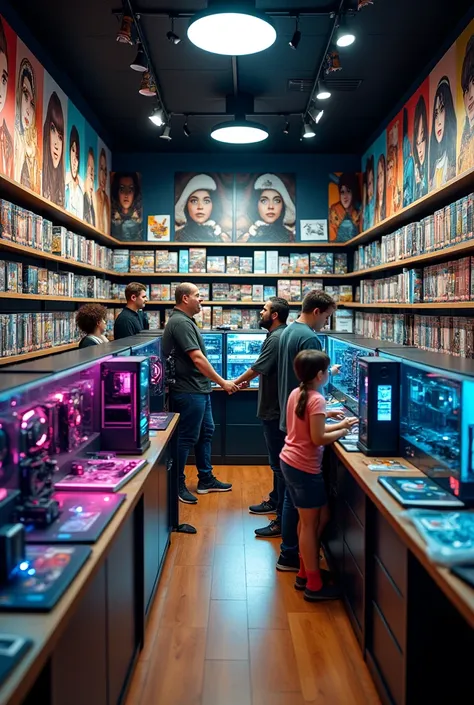 I would like a picture of the inside of a game store, where there are shelves, Counters, computer parts and games.