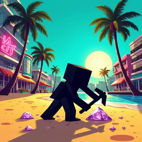 black shadow of a minecraft character mining diamonds on a beach in vice city gta