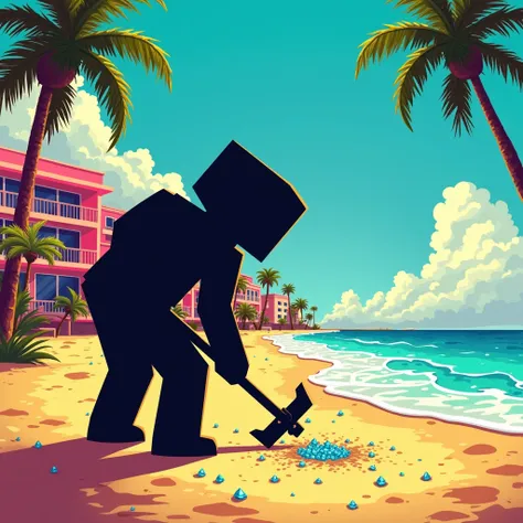 black shadow of a minecraft character mining diamonds on a beach in vice city gta