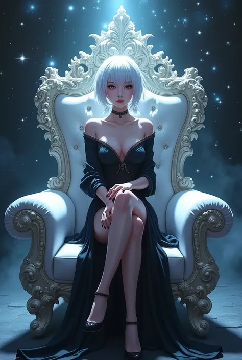 White Hair、Shortcuts、woman、beautiful、Condescending expression、White Throne、sit、Crossing your legs　Shine、Black World、Hikaru Anime