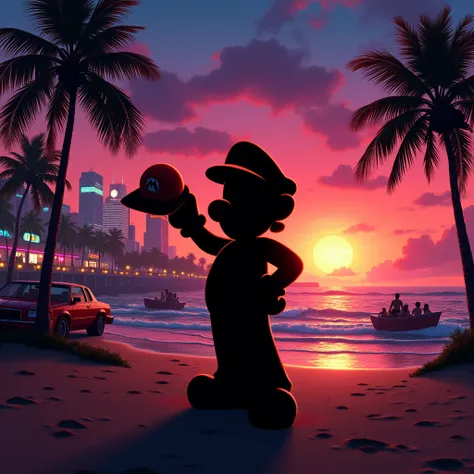 black shadow of mario bros browser on a beach in vice city gta