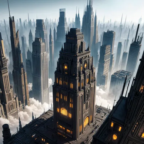 Landscape view of a metropolis city in dieselpunk style made of black metal in black dieselpunk style and from the 1947s with buildings of different shapes 