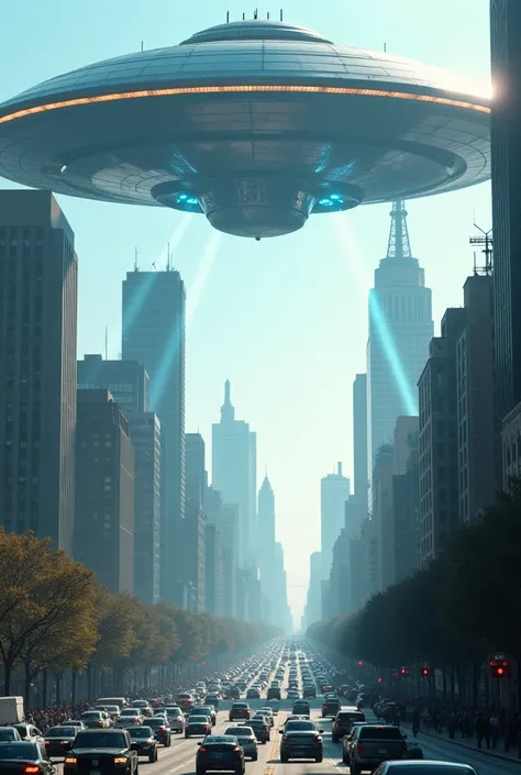 Giant UFO hovering over realistic city HD