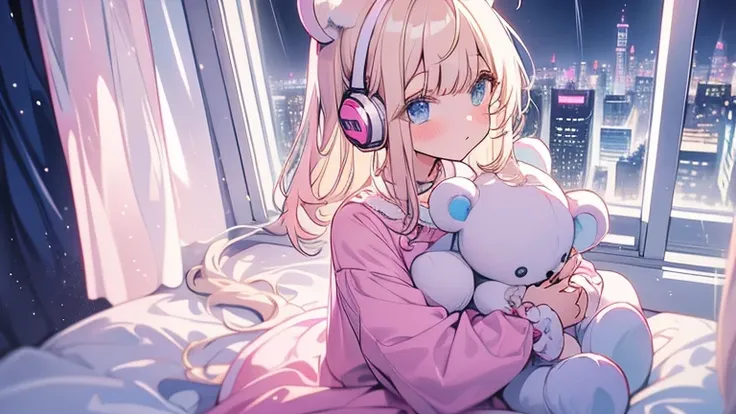 conceptual artwork. medium shot. A girl with blonde hair and blue eyes is sitting on her pink bed, wearing pink teddy bear pajamas, surrounded by stuffed animals, listening to music on her headphones in a pink room with a large window overlooking a raining...