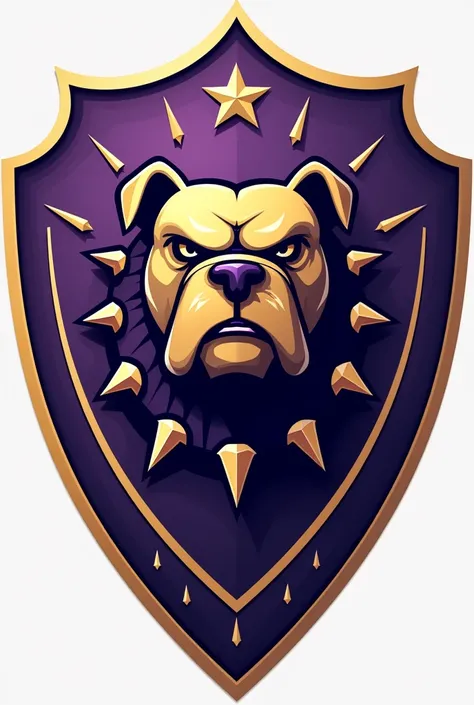 Create a shield for a football team called Barbalho GBC in Portuguese, purple and gold colors, bulldog