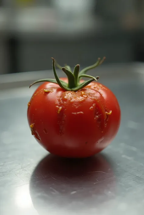 Cherry tomato with symptoms of sinking and scarring on an aluminum counter