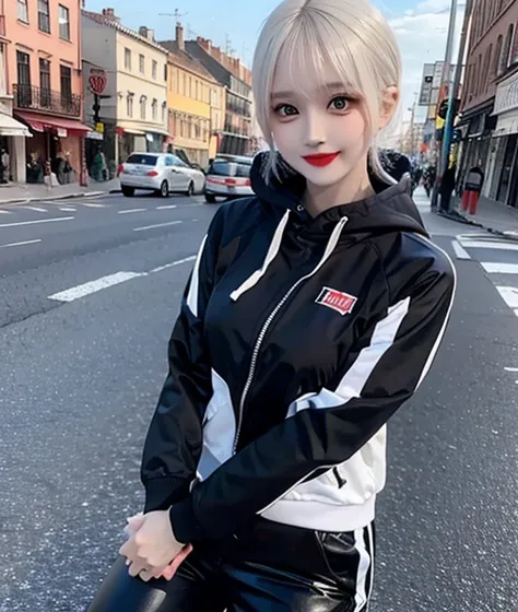 Woman blue hoodie jacket, black thick pant, red lipstick, makeup face, white hair, skinny pant, smile, not Ewaraj,