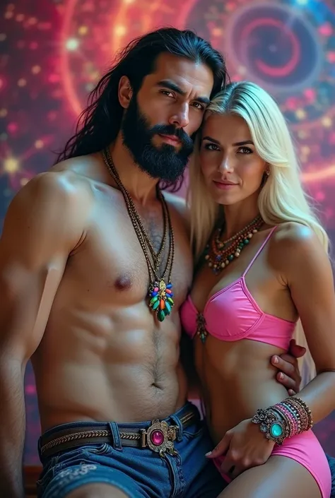 Sacred rebels, an extremely attractive couple. Dark bearded handsome bald shaman man with muscular upper body bare. Blonde fairie-like bimbo girl, dressed in flirtatious pink skimpy underwear, perky huge fake breasts, plenty of cleavage, hourglass body. Lo...