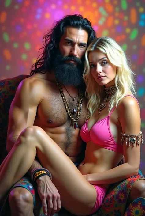 Sacred rebels, an extremely attractive couple. Dark bearded handsome bald shaman man with muscular upper body bare. Blonde fairie-like bimbo girl, dressed in flirtatious pink skimpy underwear, perky huge fake breasts, plenty of cleavage, hourglass body. Lo...